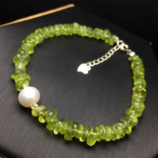 天然橄榄石原石手链 随形+珍珠原创款 925银配件 Preidot太阳宝石