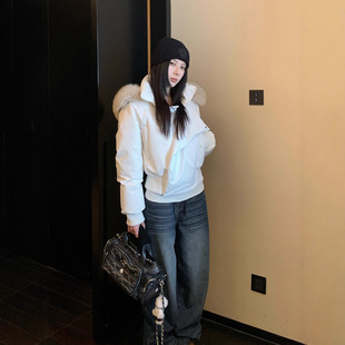 冰岛时分狐狸毛领白色短款羽绒服女冬季加厚连帽时尚外套网红同款