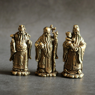 复古纯黄铜办公桌面车载小摆件福禄寿财神古铜随身工艺品手把玩件