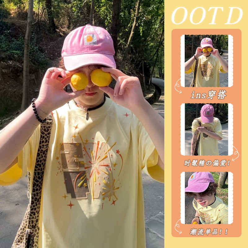 爆款夏季纯棉贴布刺绣短袖t恤男女个性百搭宽松显瘦中长款上衣ins