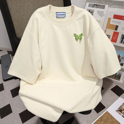 2024新款爆款美式校园风短袖t恤ins女夏季米色纯棉宽松小个子上衣