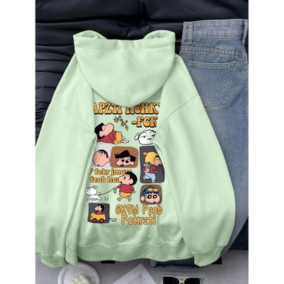美式蜡笔小新卡通印花连帽卫衣女趣味2025秋冬复古浅绿色开衫外套