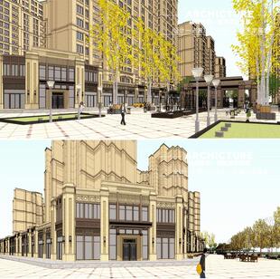 新古典一层局部转角两层商业街住宅底商/居住区主入口大门/su模型