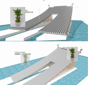 中式亲水景观雕塑创意水上构筑物瓦片单坡屋顶构筑草图大师su模型
