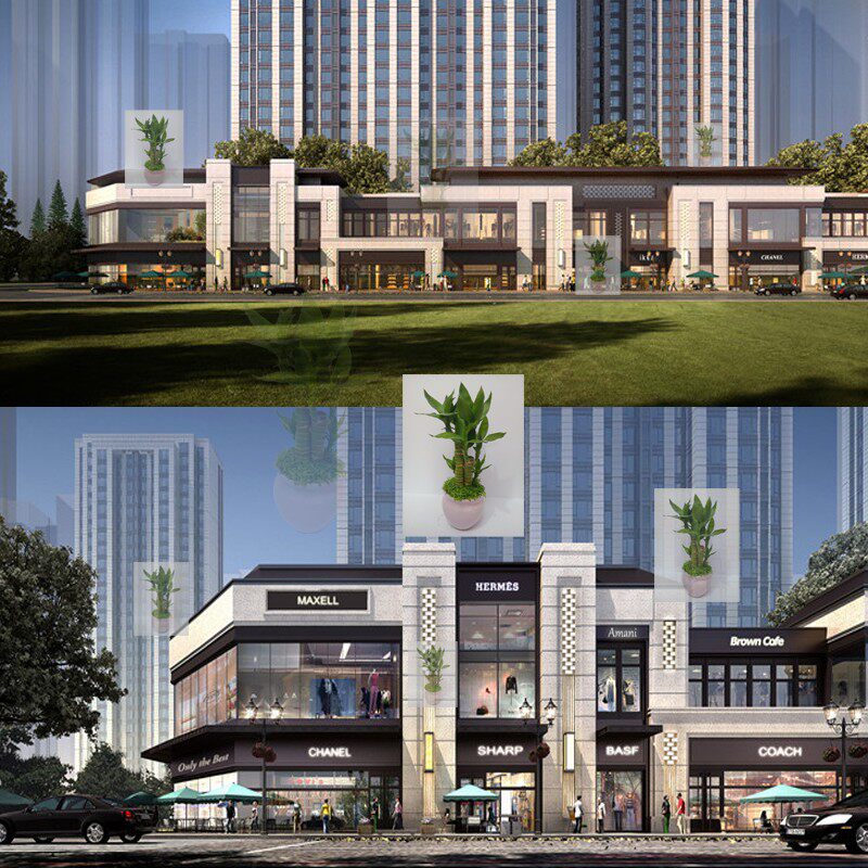 新亚洲中式古典高层小区主入口大门建筑底层沿街商业步街街su模型