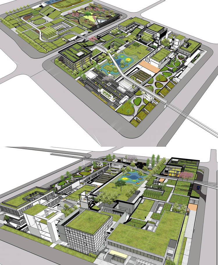 多层科技园产业园区企业办公楼写字楼建筑庭院景观su模型草图大师