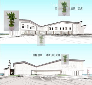 新中式住宅小区亲水售楼处会所示范区商业街坡屋顶徽派建筑su模型