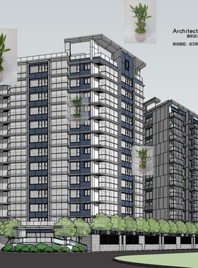 现代高层多层住宅小区豪宅板式公建化立面建筑设计入口大门su模型