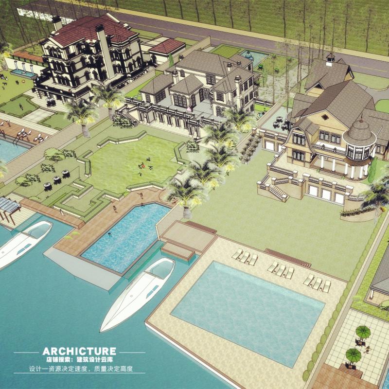 su草图大师法式乡村古典柱廊住宅区亲水独栋别墅洋房/建筑su模型