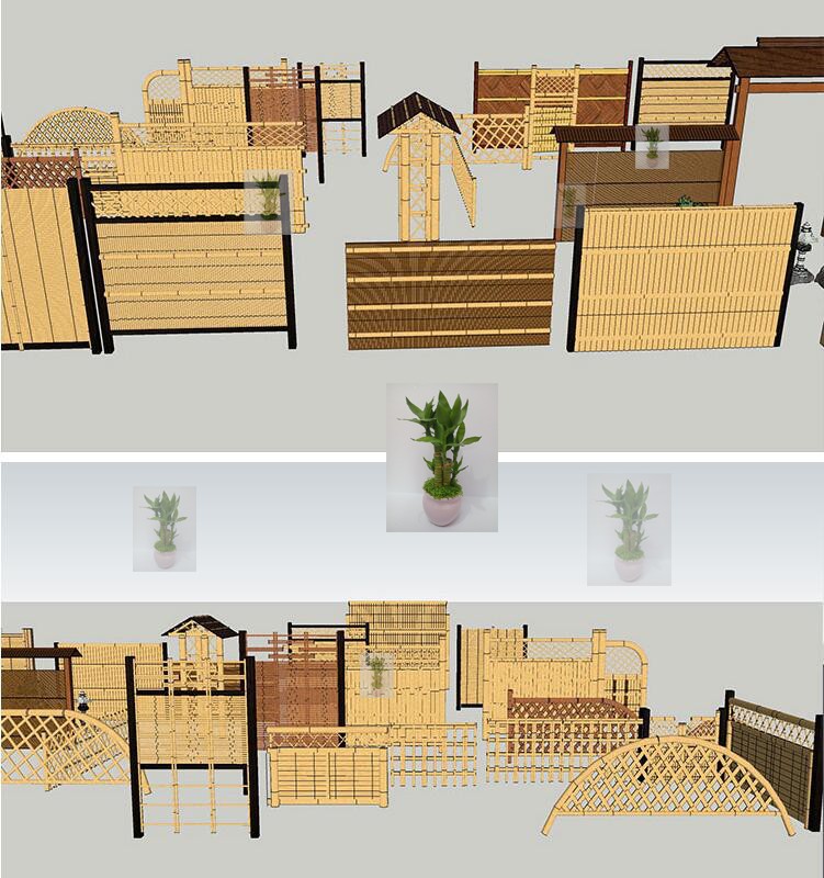 美丽乡村竹木结构组件木栏杆竹篱笆隔断围墙院墙su模型sketchup