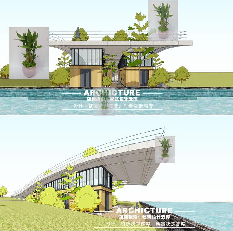 现代滨水上人屋面公共建筑城市公厕男女卫生间设计半弧屋顶su模型