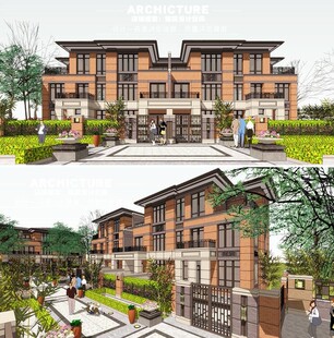新亚洲红砖三层四联排别墅小住宅坡屋顶建筑设计草图大师su模型
