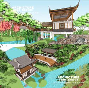 su素材旅游区公园亲水架台地空木结构茶楼茶馆建筑景观su模型