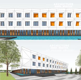 折面立面開窗表皮方形盒子三層辦公室建筑su模型 su素材現代風格