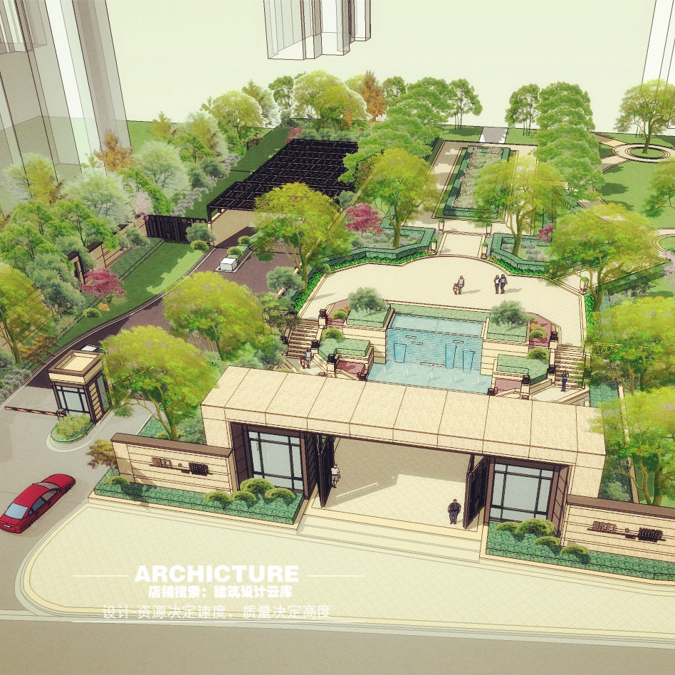 su草图大师现代中式住宅区主入口车行道地下库口水景墙景观su模型