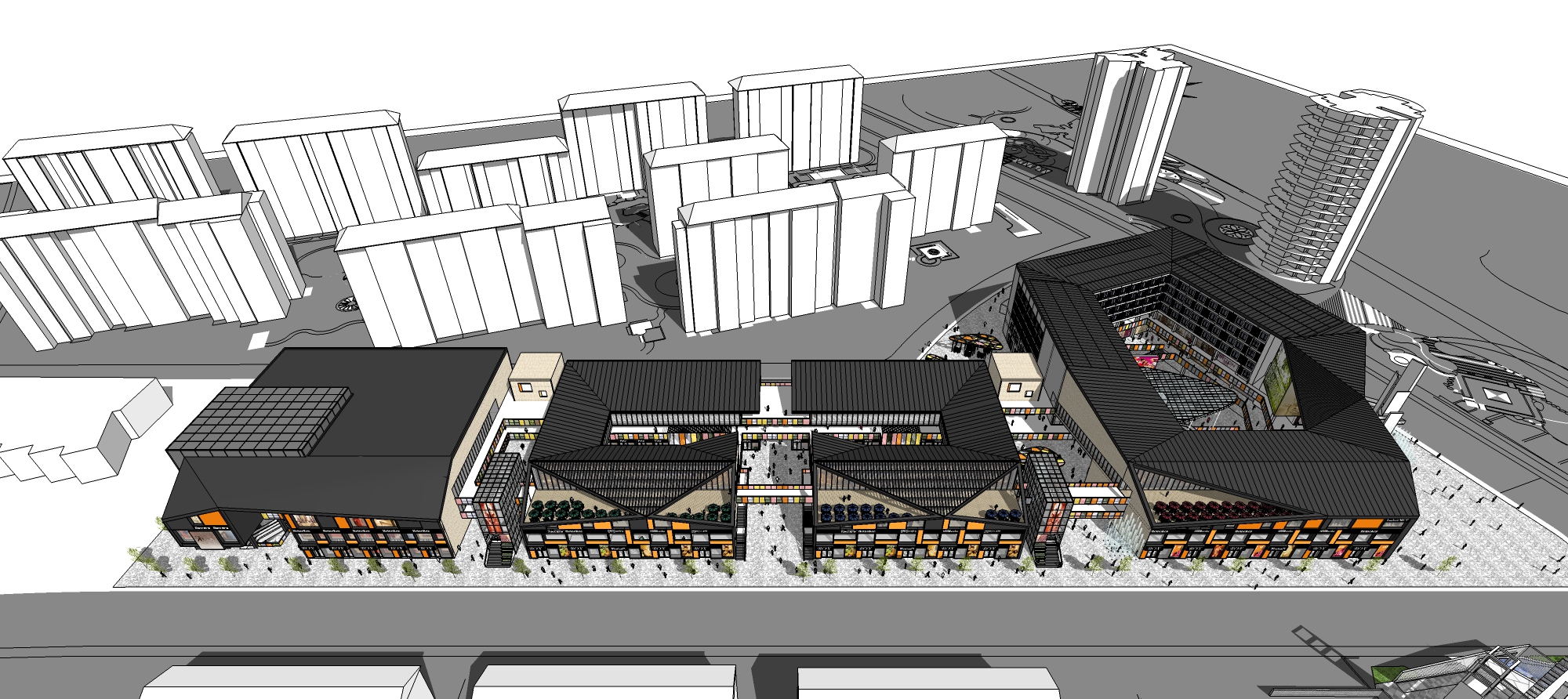 SU模型现代风格大型商业街步行街内街临街建筑设计sketchup模型