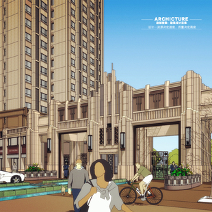 su素材Artdeco新装饰高层住宅小区出入口大门门楼裙楼商业su模型