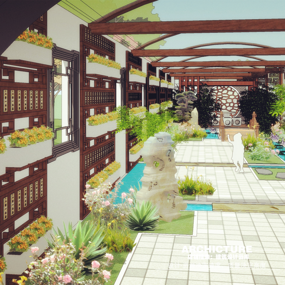 su素材新中式室内景观小花园设计温室大棚阳光玻璃屋景观su模型