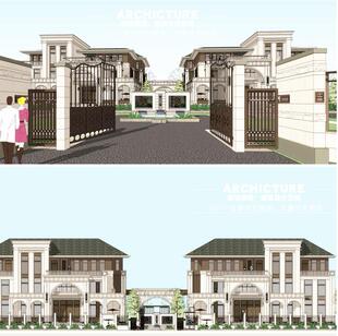 su素材现代法式偏古典双拼联排别墅住宅豪宅坡屋顶建筑设计u模型