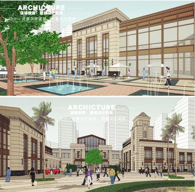 su素材简欧小区主入口大堂两层住宅裙房底商建筑规划设计su模型