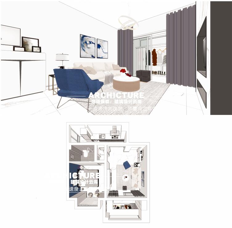 现代简约白色系一室一厅小户型单身公寓室内家装软装设计/su模型
