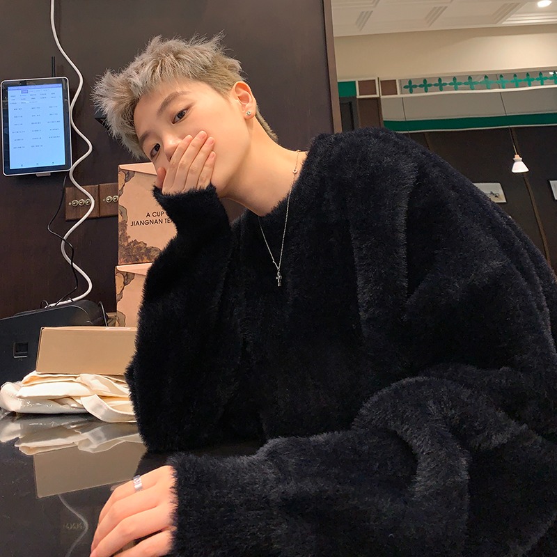 cleanfit海马毛毛衣慵懒高级感男秋冬款黑色针织衫内搭毛茸茸外套