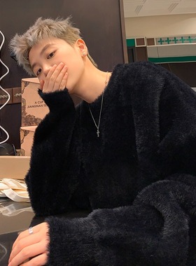 cleanfit海马毛毛衣慵懒高级感男秋冬款黑色针织衫内搭毛茸茸外套