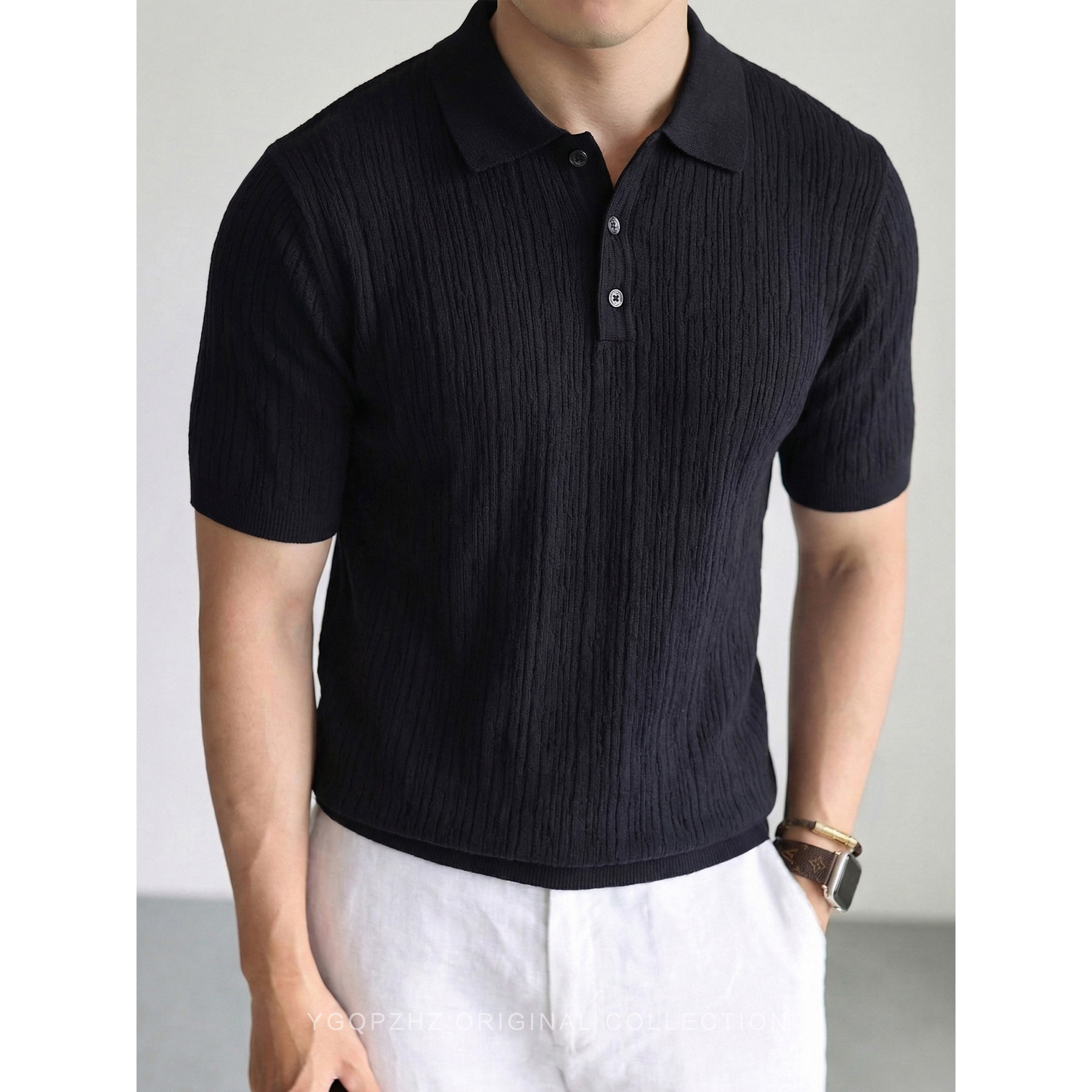 thumbnail for Spring and Summer 2026 cool breathable Tencel linen blend short-sleeved knitwear men's polo shirt lapel T-shirt top