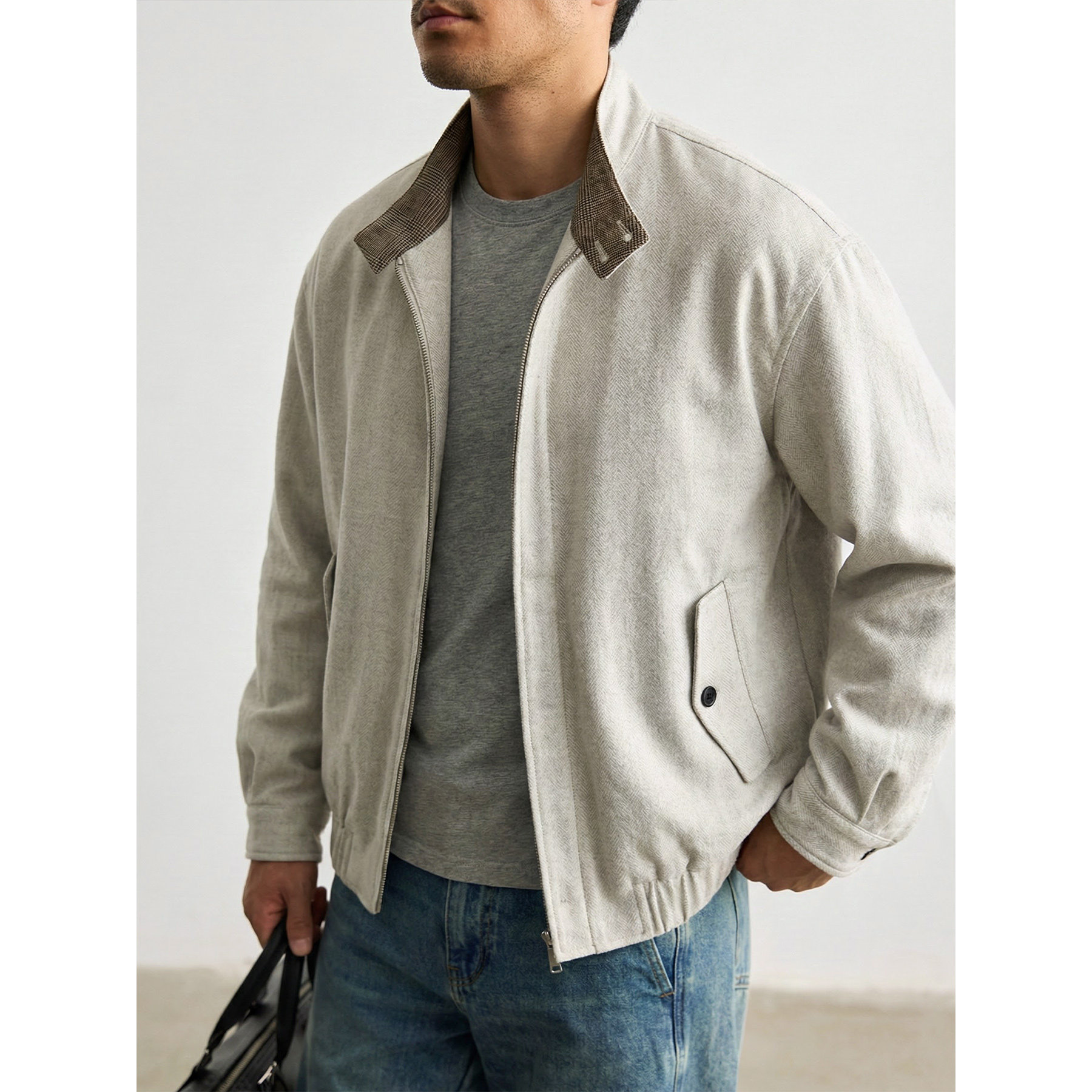 thumbnail for Natural Cotton Linen Blend Harrington Stand Up Collar Cargo Jacket Men's New Spring Casual Jacket 2026