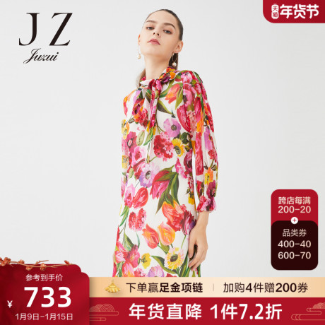 JUZUI玖姿2022春季新款蚕丝花卉度假风浪漫优雅气质女真丝连衣裙商品大图