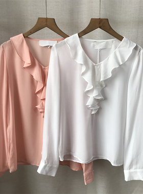 【S】春秋夏季荷叶边装饰设计V领气质长袖女式衬衫 86-2-826