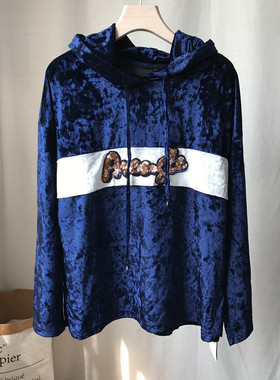 (50元3件）包邮 【o】宝蓝色字母刺绣连帽丝绒卫衣 53-2-70