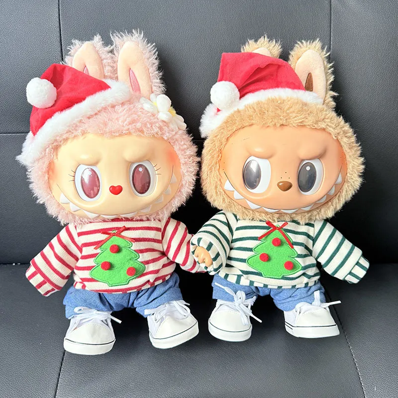 38cm拉布布毛绒娃娃着替Labubu公仔衣服红条纹红帽圣诞新年套装