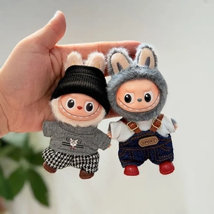 4代迷你款Labubu衣服猫咪T小白T千鸟格裤套装心底密码拉布布娃衣