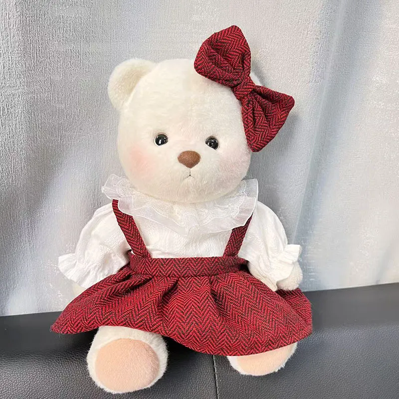 中号莉娜关节熊背带裤套装复古领红纹背带裙泰迪熊毛绒玩具着替