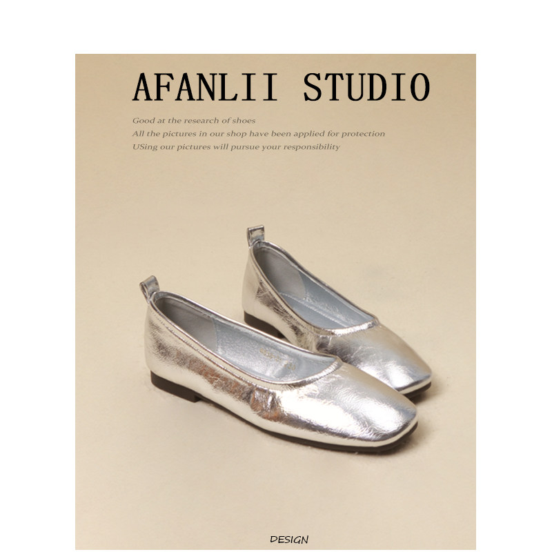 曾小邪●桃花坞~银色平底单鞋女2025春秋新款浅口软皮通勤工作鞋