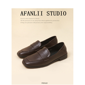 复古棕色软皮一脚蹬乐福鞋 曾小邪 女春秋英伦风方头粗跟小皮鞋