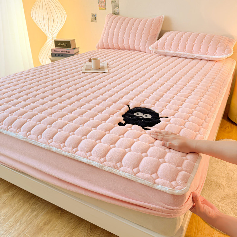 2026秋冬新款牛奶绒加厚刺绣夹棉单床笠床垫子保护套秋冬保暖床罩