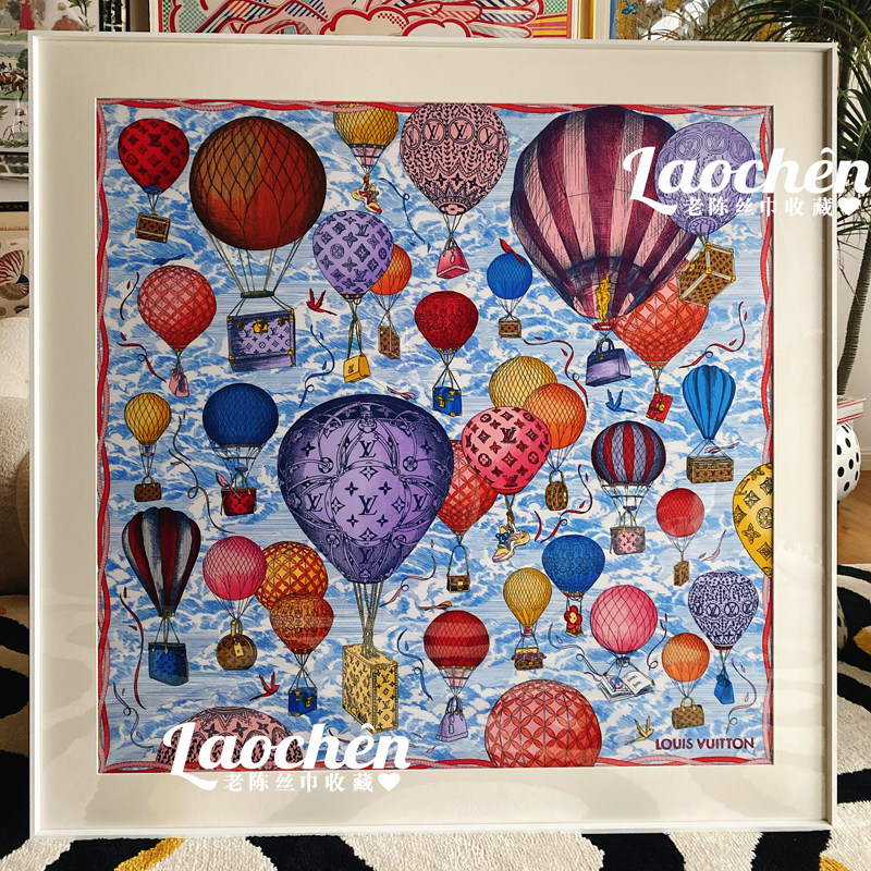 lv丝巾裱框画成品蓝色热气球客厅沙发背景墙挂画餐厅玄关装饰画