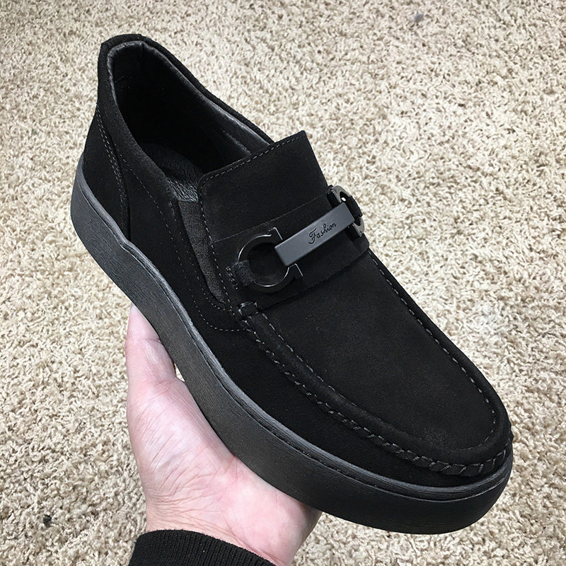 翻毛皮鞋男休闲鞋秋冬英伦厚底磨砂皮男士黑色防滑透气新款套脚鞋