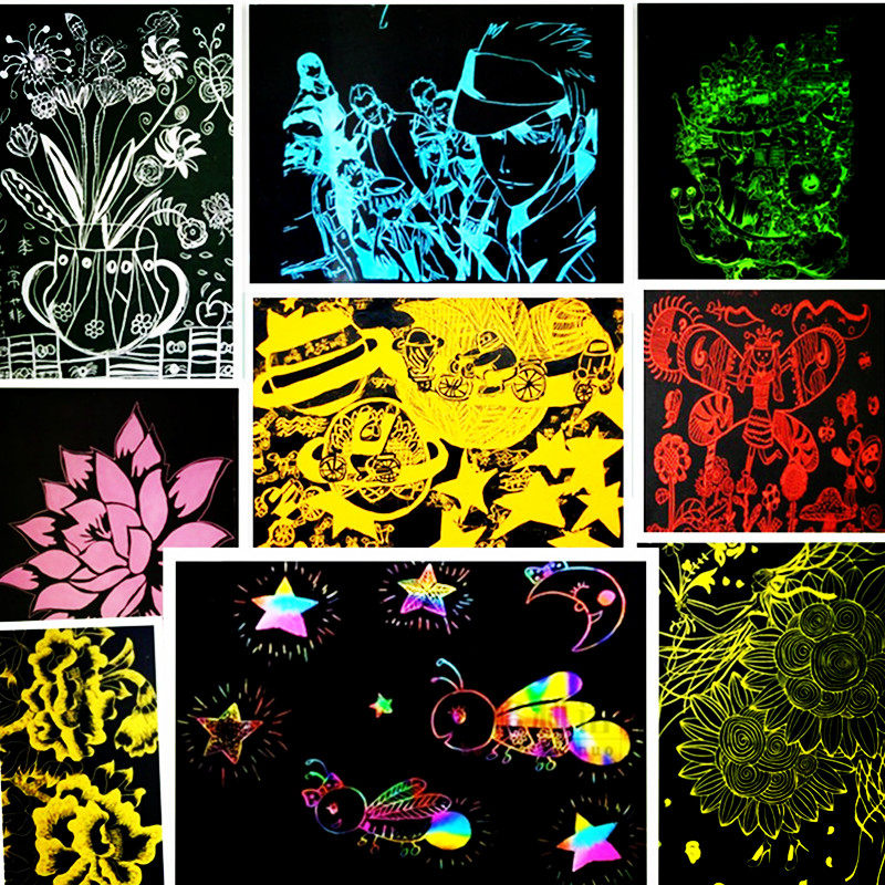 加厚8开炫彩刮画纸单色8k刮蜡纸金色4k彩色刮画白色A4银色纯色画