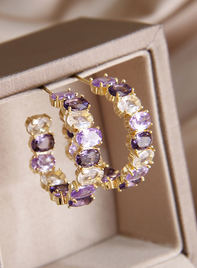 菲颜施微镶紫色锆石C型耳环时尚大气优雅水晶耳环