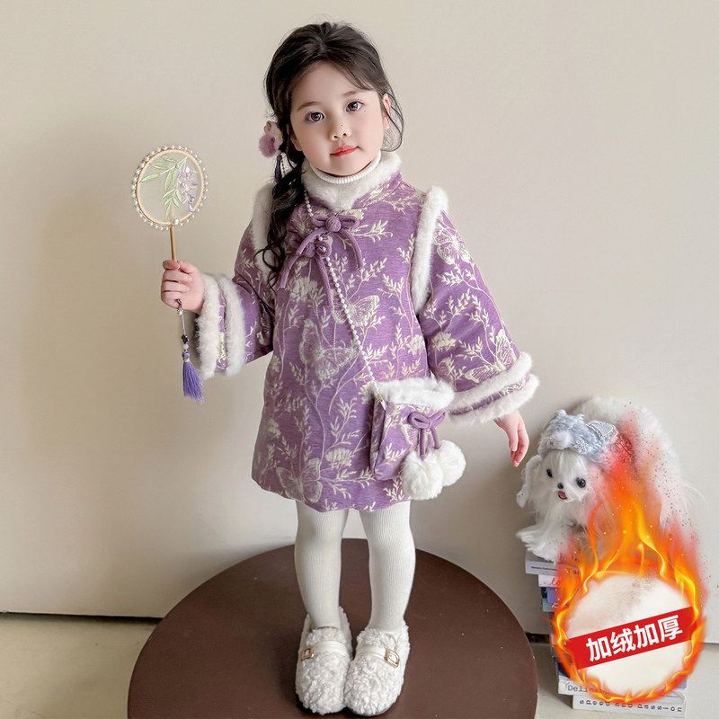 女童国风连衣裙加绒加厚旗袍连衣裙秋冬季2025宝宝汉服儿童拜年服