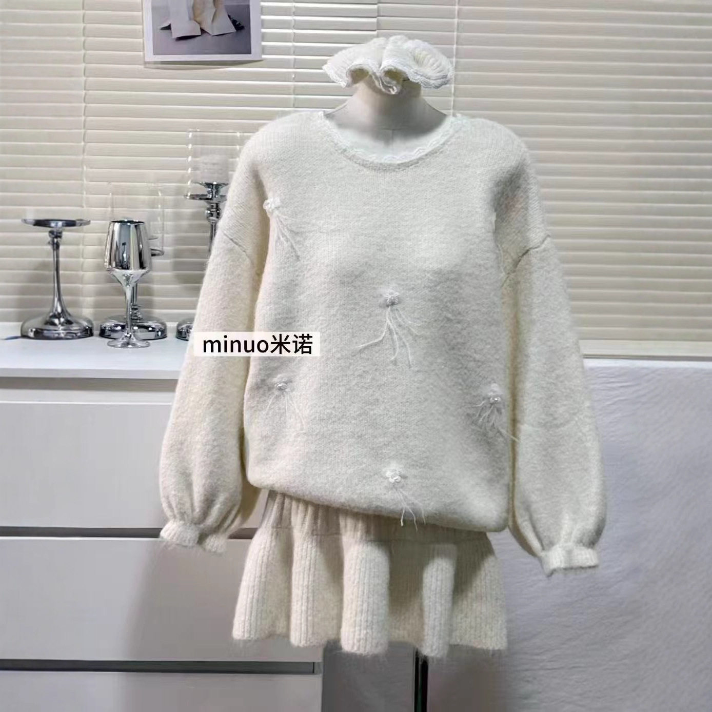 圣诞红色针织毛衣套装裙子女秋冬季小香富家千金miu系穿搭一整套