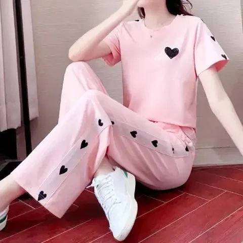 运动休闲套装女夏2025新款时尚韩版宽松洋气减龄粉色欧货潮两件套