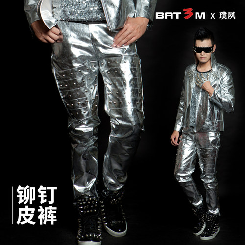 欧美青年反光银色铆钉男歌手皮裤