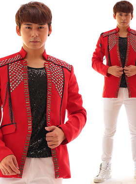 酒吧演出西服 演唱会同款红色外套亚克力珠钻石演出服表演服装