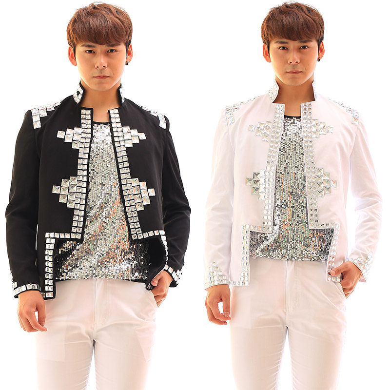 酒吧dj演出西装演唱会同款黑白亚克力珠钻石外套表演服装演出服男