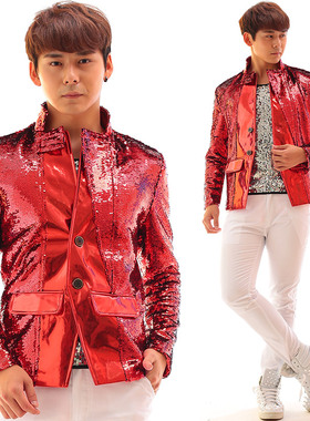 夜店男歌手酒吧DJ摇滚朋克红色亮片DS亮片服装外套表演演出服