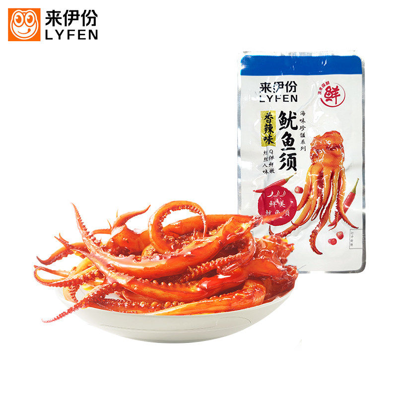 来伊份鱿鱼须500g香辣味手撕即食舟山即食海鲜鱿鱼爪足真空散装